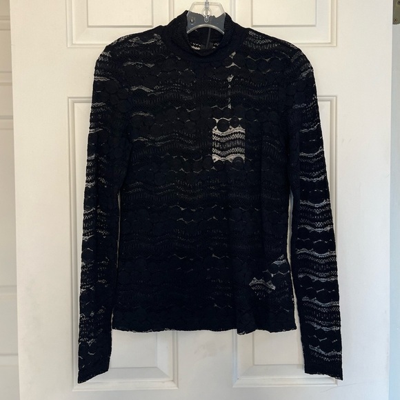 NWT Yas Pinna Long Sleeve High Neck Semi-sheer Lace Top S Black - Picture 6 of 16